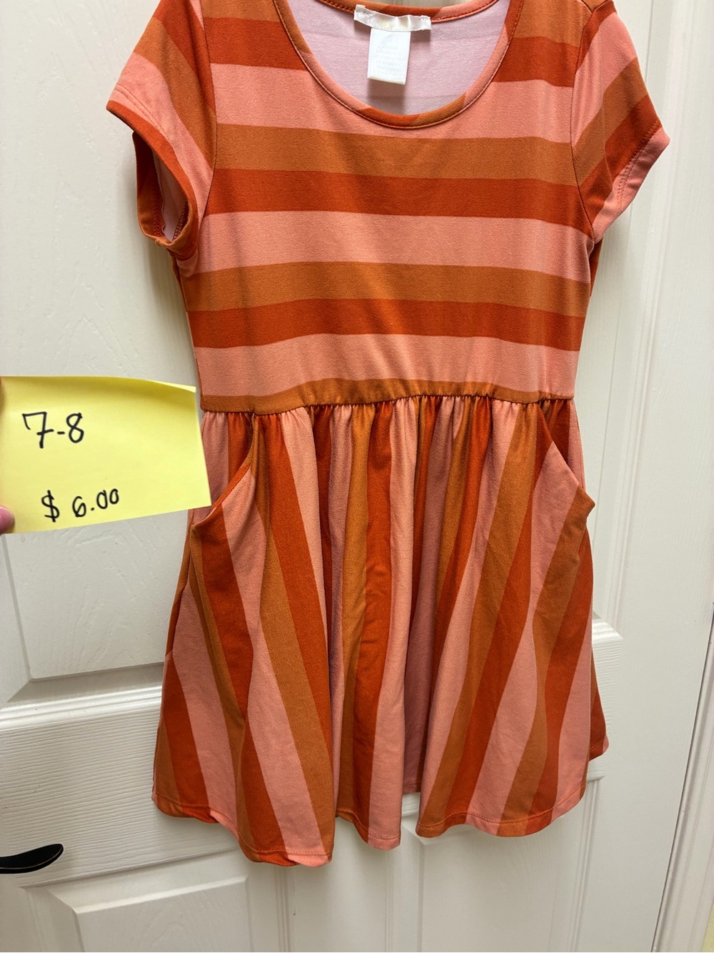Girls' Striped Short Sleeve Casual Dress in Orange and Pink